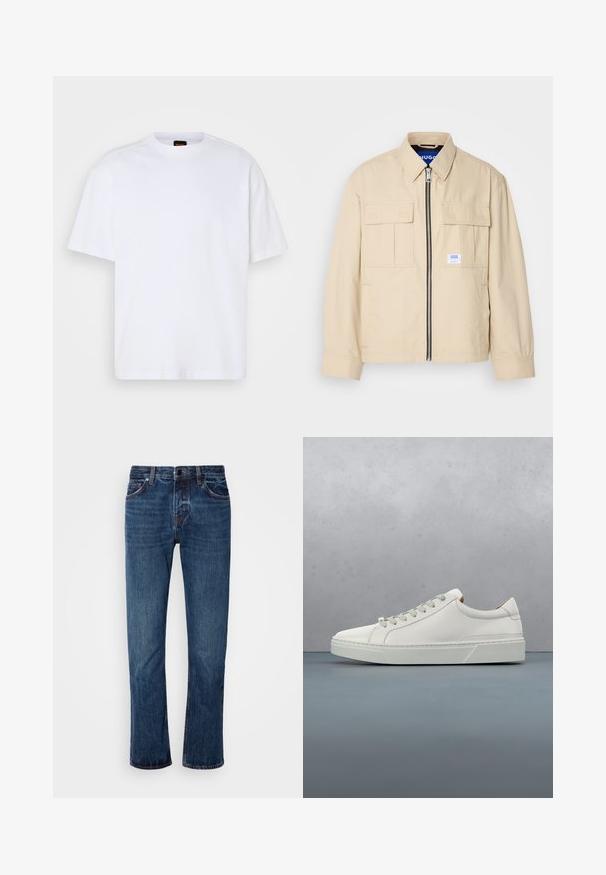 Beige jakke med lynlås foran, to brystlommer og en lille brandingetiket. Fremstillet af et glat, let materiale.; Hvid bomulds T-shirt med rund hals, korte ærmer og en afslappet pasform. Har strukturerede skuldersømme for ekstra detaljer.; Mænds blå denim jeans med lige ben design, standard talje, fem-lomme stil og subtilt slid langs lårene.; Hvid lædersneaker med rund tå, minimalistisk design, grå snørebånd og en tekstureret grå gummisål. Subtile syningsdetaljer er synlige.