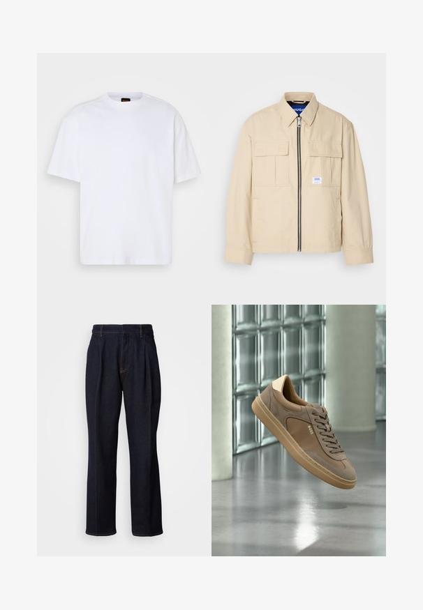 Beige jakke med lynlås foran, to brystlommer og en lille brandingetiket. Fremstillet af et glat, let materiale.; Hvid bomulds T-shirt med rund hals, korte ærmer og en afslappet pasform. Har strukturerede skuldersømme for ekstra detaljer.; Mørkeblå vidde denim jeans med frontfældninger og orange syninger, vist på hvid baggrund.; Beige casual sneaker med snørebånd og "BOSS"-logo, som svæver over en poleret betongulv med glasblokvæg i baggrunden.