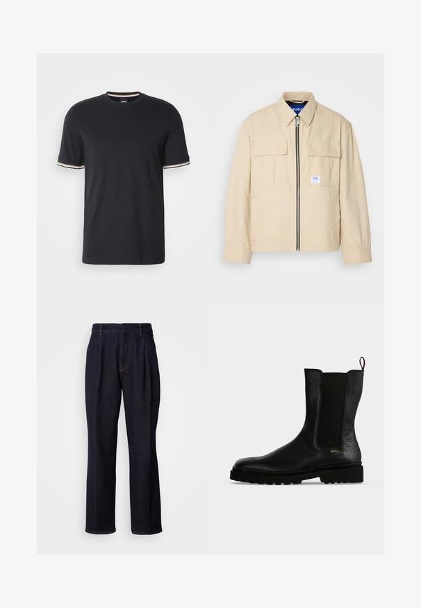 Veste beige avec fermeture éclair à l'avant, deux poches poitrine et une petite étiquette de marque. Fabriquée en tissu lisse et léger.; T-shirt en coton noir avec un col rond, des manches courtes et des accents rayés en blanc, orange et bleu au niveau des poignets.; Jean en denim large à jambes bleues foncées avec des plis devant et des coutures orange, présenté sur fond blanc.; Bottine en cuir noir avec un panneau latéral élastique, une semelle épaisse et une languette à l’arrière, featuring un petit logo doré "Hugo" près du talon.