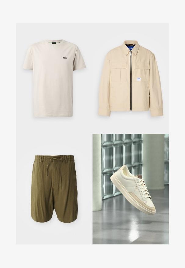 Veste beige avec fermeture éclair à l'avant, deux poches poitrine et une petite étiquette de marque. Fabriquée en tissu lisse et léger.; T-shirt en coton beige clair avec col rond, manches courtes et un petit logo noir "BOSS" sur la poitrine gauche. Texture lisse.; Shorts vert olive en tissu léger, dotés d'une taille élastique avec cordon de serrage, et poches latérales pour un confort supplémentaire.; Sneaker blanc à tige basse avec des accents beiges et des lacets, de la marque « BOSS », flottant au-dessus d’un sol poli avec un mur en blocs de verre en arrière-plan.