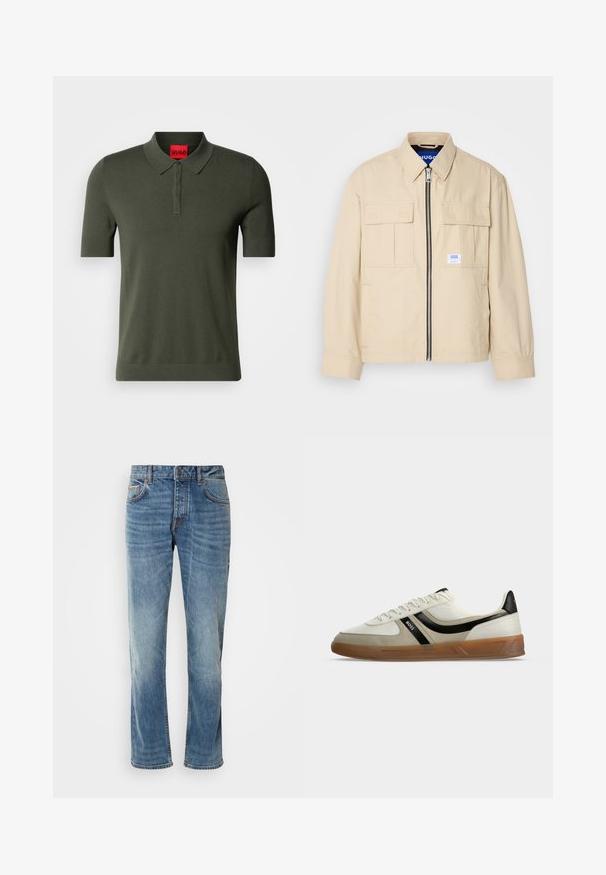 Chaqueta beige con cremallera frontal, dos bolsillos en el pecho y una pequeña etiqueta de marca. Fabricada en una tela suave y ligera.; Polo de manga corta en color verde oliva, hecho de tejido de punto. Presenta un cuello suave, una botonera de tres botones y una etiqueta de logo roja en el cuello.; Jeans de denim azul claro con piernas rectas, cinco bolsillos, costuras en contraste y un acabado desgastado. Cuenta con un cierre de botón y cremallera.; Zapatilla blanca y beige de perfil bajo con detalle de raya negra, suela de goma marrón y logo de BOSS en el lateral, fotografiada sobre fondo blanco.