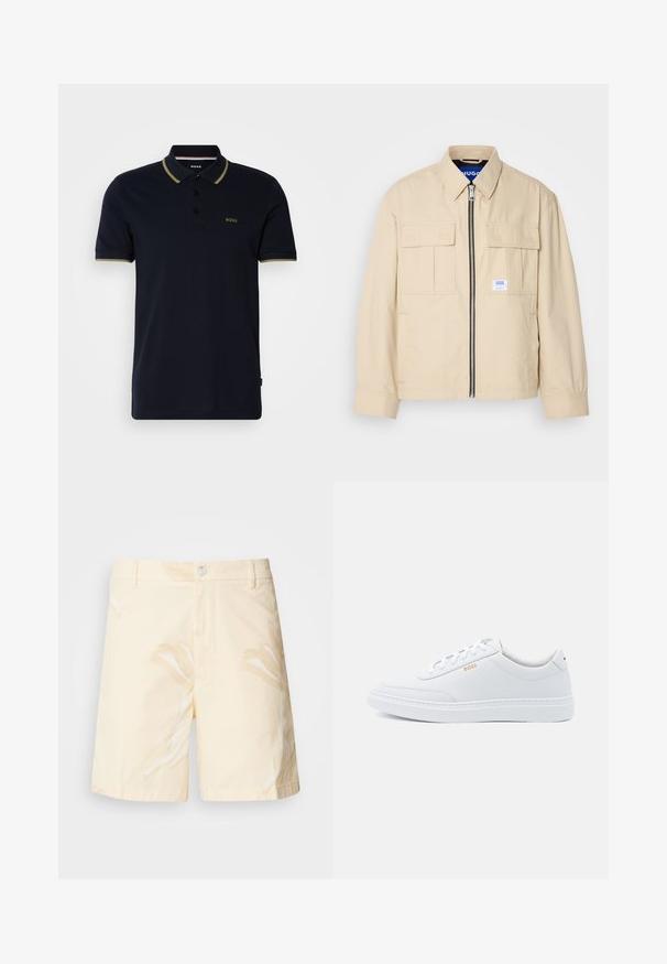 Veste beige avec fermeture éclair à l'avant, deux poches poitrine et une petite étiquette de marque. Fabriquée en tissu lisse et léger.; Polo bleu marine en coton, avec un col à deux boutons, des manches courtes et des accents vert olive sur le col et les poignets.; Shorts en coton de couleur jaune pâle avec un motif floral. Dotés d'une fermeture à bouton, de poches avant et d'une coupe droite avec des bords ourlés.; Baskets blanches en cuir avec une texture lisse, bout rond et coutures tonales. Possède des lacets bleus et un logo doré sur le côté.