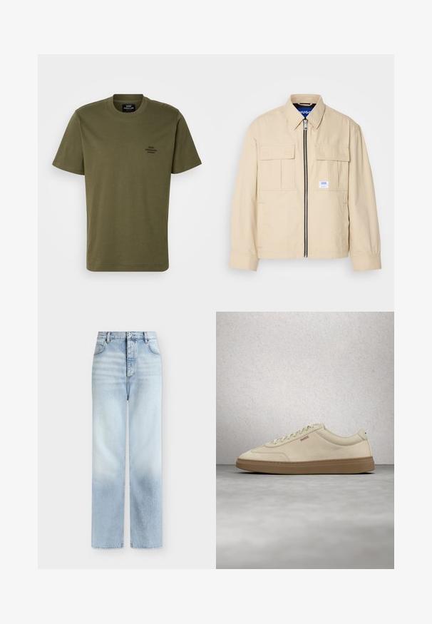 Beige Jacke mit einem Frontreißverschluss, zwei Brusttaschen und einem kleinen Markenetikett. Hergestellt aus einem glatten, leichten Stoff.; Olivegrünes Kurzarm-T-Shirt aus Baumwolle mit Rundhalsausschnitt und kleinem gesticktem Logo auf der linken Brust. Glatte Textur.; Hellblaue, hoch taillierte Jeans mit geradem Bein, Fronttaschen, Gürtelschlaufen und einem Knopfverschluss.; Hellbeiger Wildledersneaker mit Gummisohle, auffälligen Schnürsenkeln und dezenten Nahtdetails. Sauberes Design mit minimalistischem Ästhetik.