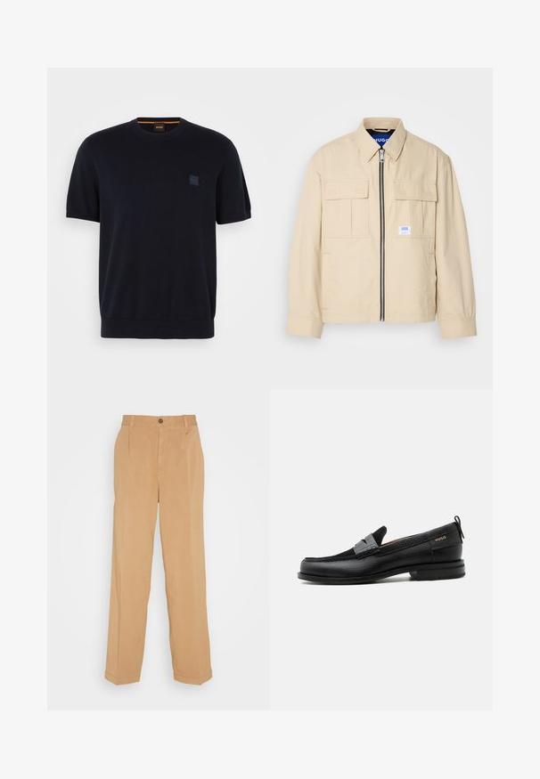 Vaaleanbeige takki, jossa on etuvetoketju, kaksi rintataskua ja pieni brändilogo. Valmistettu sileästä, kevyestä kankaasta.; Navy blue lyhythihainen neulepaita, jossa on pyöreä pääntie, ribbaudet hihansuissa ja helmassa. Rinnassa pieni kohokuvioitu logotarra.; Hiekanväriset leveälahkeiset housut, jotka on valmistettu pehmeästä kankaasta. Niissä on kaksi etutaskua, napitus ja poimutukset lahkeiden sivuilla.; Musta nahkalesti harmaalla remmikoristeella, matala korko ja teksturoitu pohja, sivustalla kullanvärisellä "HUGO"-brändillä.