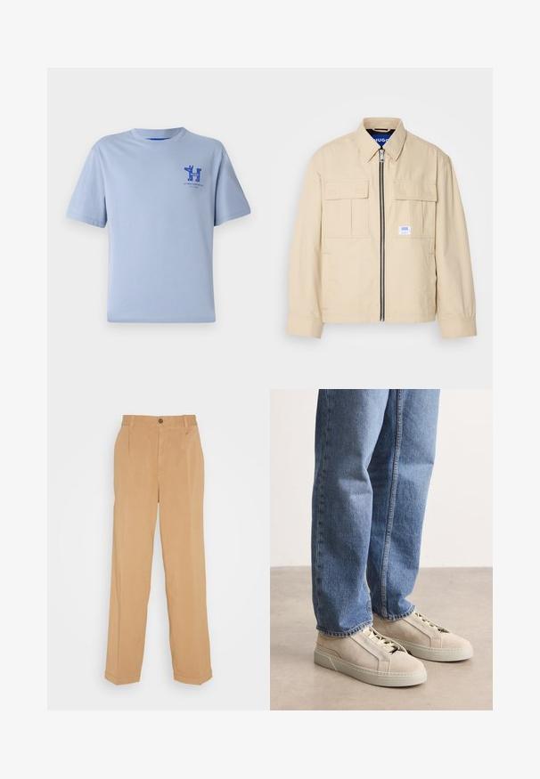 Beige Jacke mit einem Frontreißverschluss, zwei Brusttaschen und einem kleinen Markenetikett. Hergestellt aus einem glatten, leichten Stoff.; Hellblaues Baumwoll-T-Shirt mit kurzen Ärmeln, rundem Halsausschnitt und blauem Druckgrafik auf der Brust mit Text und Designelementen.; Beige weite Hose aus weichem Stoff, mit zwei frontalen Taschen, einem Knopfverschluss und Bügelfalten entlang der Beine.; BOSS GARYTENN_SDHDEL - Sneaker low - natural ten