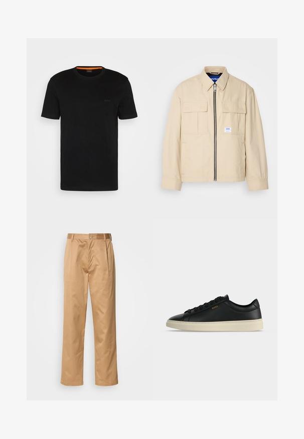 Chaqueta beige con cremallera frontal, dos bolsillos en el pecho y una pequeña etiqueta de marca. Fabricada en una tela suave y ligera.; Camiseta negra de manga corta hecha de una tela suave, con un escote redondo y un logo discreto en la parte delantera. El interior del cuello tiene un acento naranja.; Pantalones caqui, mezcla de algodón, diseño de pierna recta, con pliegues delanteros, trabillas para cinturón y cierre de botón. Textura suave sin patrones.; Zapatilla baja negra de cuero con suela blanca, cordones negros y pequeño logo dorado BOSS en el lateral.