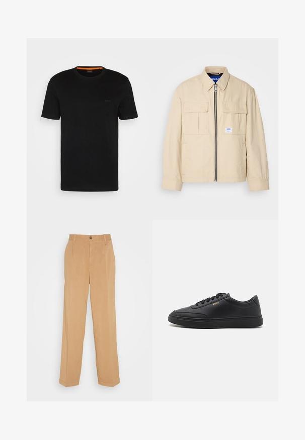Beige Jacke mit einem Frontreißverschluss, zwei Brusttaschen und einem kleinen Markenetikett. Hergestellt aus einem glatten, leichten Stoff.; Schwarzes, kurzärmeliges T-Shirt aus weichem Stoff, mit rundem Ausschnitt und einem dezenten Logo auf der Vorderseite. Der Innensaum hat einen orangefarbenen Akzent.; Beige weite Hose aus weichem Stoff, mit zwei frontalen Taschen, einem Knopfverschluss und Bügelfalten entlang der Beine.; Schwarze Leder-Sneaker mit glatter Textur, runder Zehenpartie, flacher Gummisohle und einfarbigen Schnürsenkeln. Mit goldfarbenem "BOSS" Logo an der Seite.