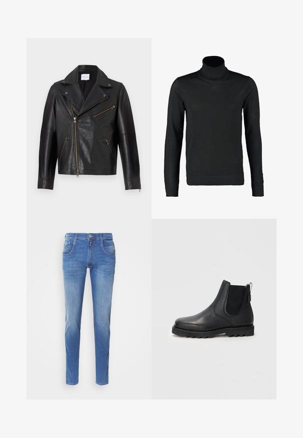 Sorte lædermotorcykeljakke med en skåren krave, asymmetrisk frontlynlås og flere lynlåslommer. Struktureret overflade og tætsiddende design.; Lindbergh ROLL NECK - Striktrøje - black; Blå denimjeans med slim fit. Har fem lommer, lukning med knap foran og let falming på benene. Lige benudskæring.; Sorte læder Chelsea-støvler med elastiske sidepaneler, hækle-tab bagpå og robust gummisål. Glat overflade, rund tådesign.