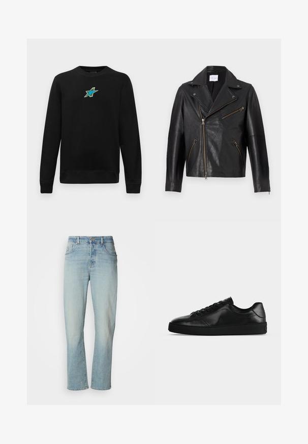 Sorte lædermotorcykeljakke med en skåren krave, asymmetrisk frontlynlås og flere lynlåslommer. Struktureret overflade og tætsiddende design.; Sort langærmet crewneck sweatshirts med et lille broderet blågrønt stjernedesign centreret på brystet.; Lysblå denim jeans med lige ben, fem lommer og let falmning. Fremstillet med en klassisk knap- og lynlåslukning.; Svært lavprofileret sort lædersneaker med snørebånd foran og tekstureret flad sål, vist fra siden på en neutral baggrund.