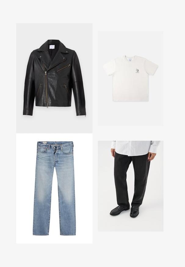 Schwarze Leder-Motorradjacke mit ausgeschnittenem Kragen, asymmetrischem Frontreißverschluss und mehreren Reißverschlusstaschen. Strukturierte Oberfläche und taillierte Passform.; Weißes Baumwoll-T-Shirt mit kurzen Ärmeln, das einen kleinen schwarzen Grafikdruck auf der linken Brust und einen Rundhalsausschnitt hat.; Helle blaue Jeans mit geradem Bein, ausgestattet mit einem Knopfverschluss, einem Fünf-Taschen-Design und einem ausgewaschenen Effekt an den Oberschenkeln.; Schwarze Jeans kombiniert mit glänzenden schwarzen Slippern. Das Hemd ist weiß mit dünnen vertikalen Streifen, hat lange Ärmel und einen geknöpften Kragen.