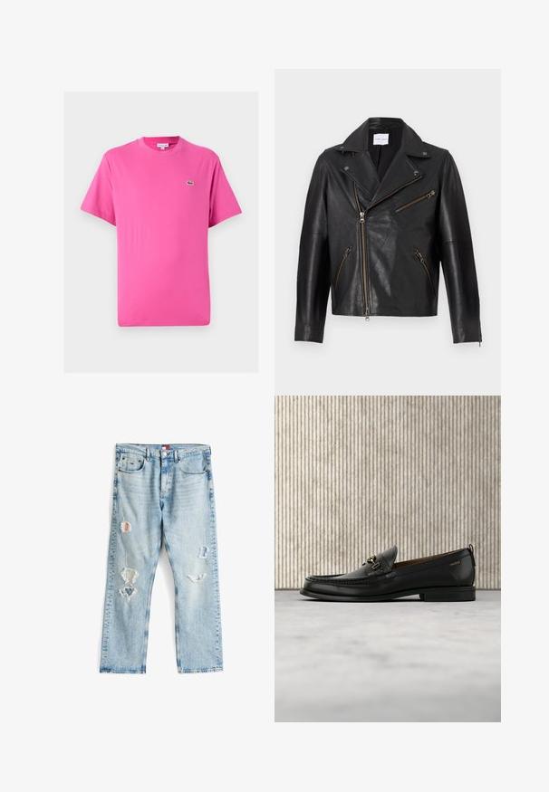 Schwarze Leder-Motorradjacke mit ausgeschnittenem Kragen, asymmetrischem Frontreißverschluss und mehreren Reißverschlusstaschen. Strukturierte Oberfläche und taillierte Passform.; Kurzärmliges T-Shirt aus leuchtend pinkem Baumwollstoff, mit Rundhalsausschnitt und einem kleinen grünen Krokodil-Logo auf der linken Brust.; Helle blaue Denim-Jeans mit verwitterten Rissen und Patches. Gerader Schnitt mit sichtbaren Nähten und einem Knopfverschluss am Bund.; Schwarzer Lederloafer mit goldfarbenem Metallbit und "HUGO"-Markenlogo, präsentiert vor einem beigen Teppich und braunen durchsichtigen Möbelstücken.