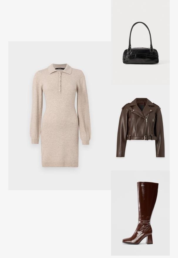 Veste en cuir marron courte avec fermeture éclair asymétrique, taille ceinturée, épaulettes et poches zippées.; Robe en tricot beige avec un col, un plastron à cinq boutons et des manches longues avec des poignets côtelés. Texture lisse, silhouette ajustée.; Bottes en cuir verni marron jusqu'aux genoux avec un bout carré, finition brillante et un talon épais pour la stabilité. Design sans couture sans matériel visible.; Sac à main en cuir noir de forme rectangulaire, doté d'une seule ansse structurée, de quincaillerie argentée et d'une fermeture éclair. Texture lisse.