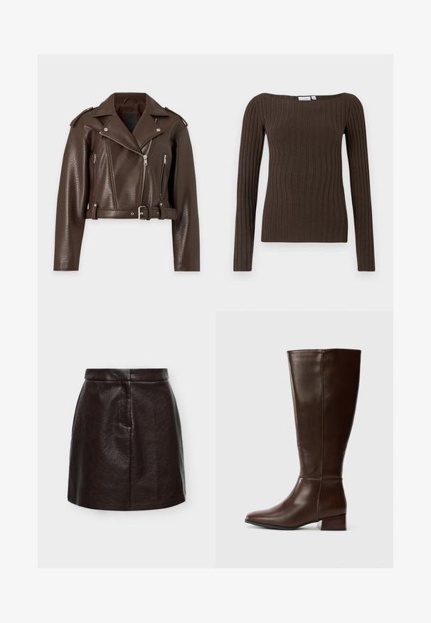 Veste en cuir marron courte avec fermeture éclair asymétrique, taille ceinturée, épaulettes et poches zippées.; Haut à manches longues côtelé marron avec encolure carrée et coupe ajustée, fabriqué en tissu tricoté doux pour un confort optimal.; Mini-jupe en simili cuir marron foncé avec une taille haute et une légère forme trapèze sur un fond clair uni.; Botte en cuir brun foncé, haute, avec un petit talon bloc et une finition lisse, vue de profil sur fond blanc.