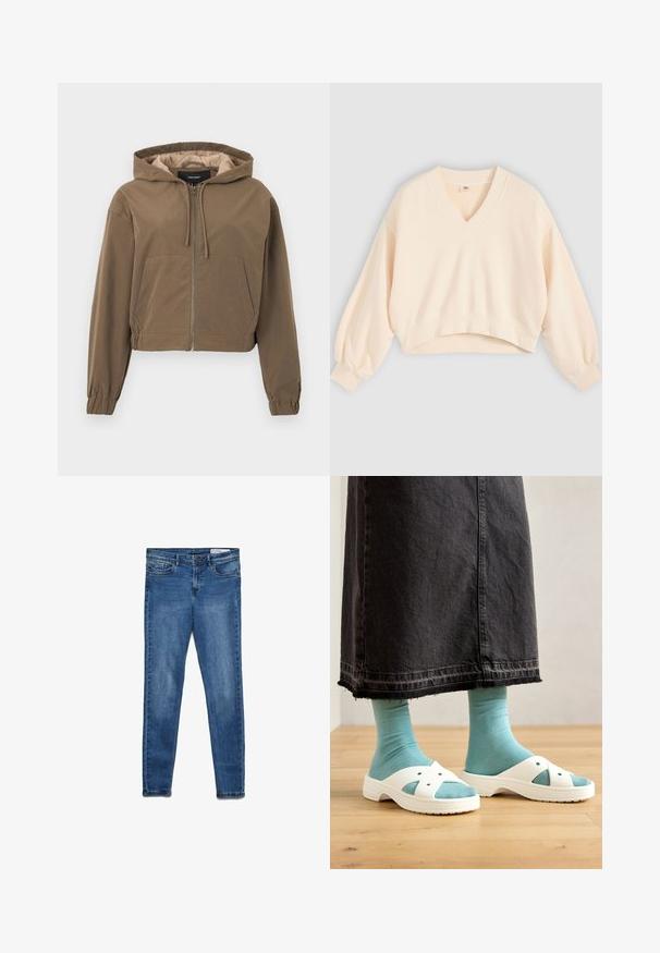 Sudadera corta marrón con cremallera frontal, capucha con cordones, puños elásticos y bolsillo tipo canguro. Tejido suave con acabado mate.; Suéter de manga larga recortado color crema con cuello en V y puños y dobladillo acanalados, exhibido sobre un fondo liso gris claro.; Vaqueros de mezclilla azul oscuro con un ajuste clásico skinny. Incluyen cinco bolsillos, cremallera y un sutil efecto de desgaste para dar textura.; Sandalias blancas con diseño calado, combinadas con calcetines de color azul claro, llevadas con una falda de mezclilla negra con dobladillo deshilachado. Fondo de suelo de madera.