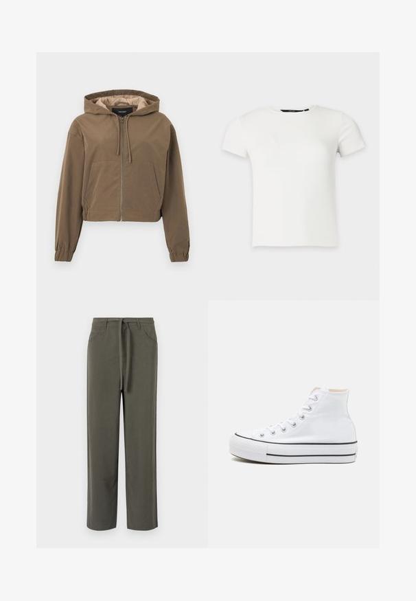 Sweatshirt court marron avec une fermeture éclair sur le devant, capuche à cordon de serrage, poignets élastiques et une poche kangourou. Tissu lisse avec une finition mate.; T-shirt blanc à manches courtes en maille côtelée avec col rond, présenté sur un fond uni gris clair.; Pantalons vert olive en tissu doux, à coupe droite, avec des poches arrière et latérales, et un lien à la taille.; Baskets montantes blanches en toile, semelle en caoutchouc noir et bande noire contrastante sur la semelle intermédiaire. Bout rond et design à lacets.