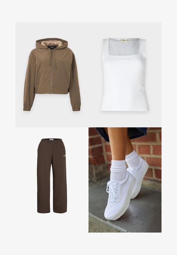 Καφέ cropped hoodie με μπροστινό φερμουάρ, κουκούλα με κορδόνι, ελαστικές μανσέτες και τσέπη καγκουρό. Λείο ύφασμα με ματ φινίρισμα.; Λευκό μπλουζάκι με τετράγωνη λαιμόκοψη, φτιαγμένο από λείο ύφασμα. Διαθέτει φαρδιές τιράντες και εφαρμοστή σιλουέτα. Χωρίς ορατά σχέδια ή διακοσμητικά στοιχεία.; Καφέ φαρδιά φόρμα με ελαστική μέση και μικρό λευκό λογότυπο με κείμενο στο πάνω μέρος του μηρού, σε λευκό φόντο.; Λευκά καμβά παπούτσια με καουτσούκ σόλες, που διαθέτουν έξι τρυπούλες, στρογγυλή μύτη και λεπτομέρειες από ελαφριά ραφή, σε συνδυασμό με λευκές κάλτσες μέχρι τον αστράγαλο.