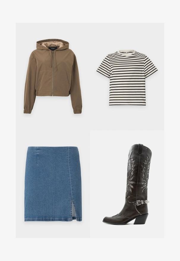 Sudadera corta marrón con cremallera frontal, capucha con cordones, puños elásticos y bolsillo tipo canguro. Tejido suave con acabado mate.; Camiseta de rayas con cuello redondo, hecha de algodón ligero, con rayas negras y crema espaciadas uniformemente, mangas cortas y un corte relajado.; Mini falda de mezclilla en azul medio, con un corte recto, ligero abertura lateral y costuras limpias a lo largo del dobladillo y las costuras.; Bota cowboy de cuero negro con recortes decorativos, hebilla plateada y tacón inclinado, presentada sobre fondo blanco.