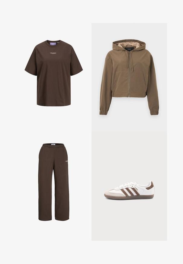 Καφέ cropped hoodie με μπροστινό φερμουάρ, κουκούλα με κορδόνι, ελαστικές μανσέτες και τσέπη καγκουρό. Λείο ύφασμα με ματ φινίρισμα.; Καφέ κοντομάνικη μπλούζα με στρογγυλή λαιμόκοψη και λευκό λογότυπο «JJXX STUDIO» στο κέντρο του στήθους.; Καφέ φαρδιά φόρμα με ελαστική μέση και μικρό λευκό λογότυπο με κείμενο στο πάνω μέρος του μηρού, σε λευκό φόντο.; Λευκό αθλητικό παπούτσι Adidas Samba με καφέ σουέντ ρίγες, καφέ λαστιχένια σόλα και μπεζ καπάκι δακτύλου από σουέντ, εμφανιζόμενο από την εξωτερική πλευρά σε απλό φόντο.
