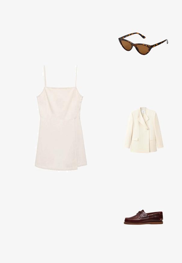 Crèmekleurige damesblazer met brede revers, eenknopsluiting en voorflapzakken, weergegeven op een witte achtergrond.; Lichtbeige mouwloze top met dunne bandjes, met een eenvoudig recht ontwerp en een gladde, licht glanzende textuur. Geen patronen of accenten.; Bruine leren boot schoen met veters, stiksel details en Timberland-logo aan de zijkant, weergegeven op een witte achtergrond.; Cat-eye zonnebril met een zwart en oranje schildpadframe, bruine lenzen en slanke, puntige uiteinden. Bevat een minimalistisch logo op de poot.