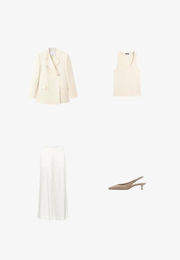 Blazer femme couleur crème avec larges revers, fermeture par un bouton et poches avant à rabat, présenté sur fond blanc.; Débardeur sans manches écru côtelé avec encolure arrondie et étiquette au dos du col, posé à plat sur fond blanc.; Un pantalon blanc à jambes larges avec des plis, fabriqué dans un tissu léger. Il présente une taille plate et des ourlets retournés. Texture lisse, sans motifs.; Chaussure slingback beige en suède, talon kitten bas et incurvé, bout pointu.