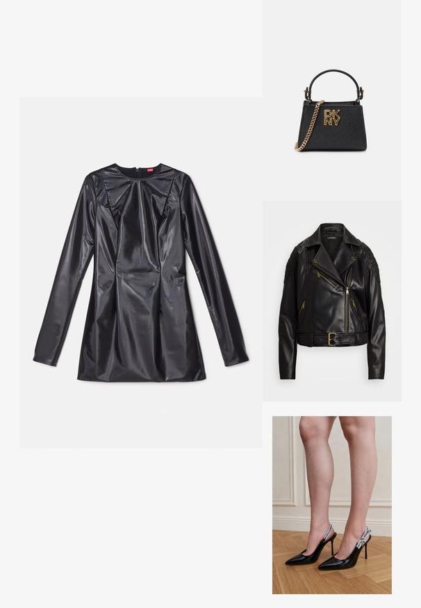 Sort læder bikerjakke med quilted skulderdetaljer, gyldne metalaccenter, bælte i taljen og flere lynlåslommer.; 032c TRAPEZE TOO TIGHT MINI DRESS - Cocktailkjole / festkjole - black luster; Kvinde iført sorte laklæder høje hæle slingback sko med hvide mærkede stropper, står på trægulv.; Sort håndtaske med struktureret design, tekstureret overflade, guldfarvede detaljer og kædestrop. Har DKNY-logoet på fronten.