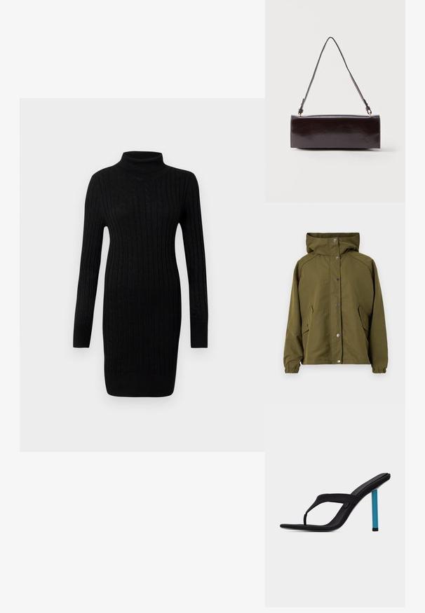 Veste imperméable vert olive avec une capuche, des boutons-pression, des poches latérales, des poignets élastiques et une coupe droite. Texture lisse.; Robe pull noire en maille torsadée à col roulé à manches longues avec des poignets et un ourlet côtelés sur fond blanc.; Sandale noire à talon haut avec sangle en forme de lanière et talon fin bleu vif, vue latérale inclinée sur fond gris clair uni.; Sac à main rectangulaire en cuir noir avec une longue bandoulière unique et une finition brillante, présenté sur un fond blanc uni.