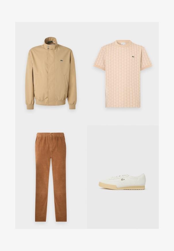 Beige jakke med høj krave, trykknapper, sidelommer og ribbet manchetter. Har en grøn Lacoste-logo på brystet. Glat tekstur.; Beige t-shirt med korte ærmer, geometrisk mønster og grønt Lacoste krokodillelogo på venstre bryst.; Brune fløjlsbukser med elastisk talje, der har en knaplukning. Lige ben design og blødt, tekstureret stof.; Hvide lædersneakers med en struktureret overflade, beige gummisål, snørebåndsdesign og subtil logodetalje på siden.