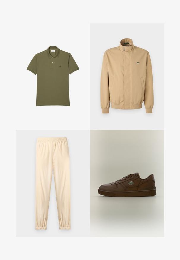 Beige jas met een hoge kraag, drukknoopsluiting, zijzakken en geribbelde manchetten. Heeft een groen Lacoste-logo op de borst. Glad van structuur.; Olijfgroene poloshirt van katoen, met een twee-knopen sluiting, korte mouwen en geborduurd logo op de linkerkant van de borst.; Lichtbeige broek met elastische taille, gerimpelde boorden, rechte pasvorm en gladde stof, weergegeven op een effen lichte achtergrond.; Bruine leren lage sneaker met veterontwerp en groen krokodillenlogo aan de zijkant, weergegeven op een effen neutrale achtergrond.