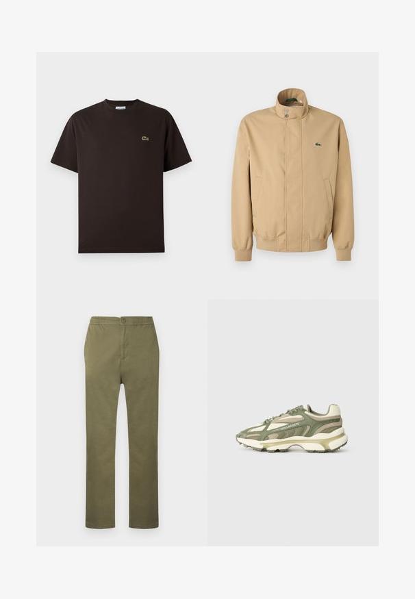 Chaqueta beige con cuello alto, botones a presión, bolsillos laterales y puños acanalados. Presenta un logo verde de Lacoste en el pecho. Textura suave.; Camiseta de algodón de manga corta en color marrón. Presenta un discreto logo de cocodrilo bordado en verde en el lado izquierdo del pecho. Diseño clásico de cuello redondo.; Pantalones de algodón ligeros de color verde oliva, con cintura elástica, cierre de botón y diseño de pierna recta. Sin patrones ni detalles visibles.; Zapatillas deportivas verdes y beige con parte superior de malla y ante, entresuela texturizada, sistema de cordones visible y detalle de logotipo en relieve.