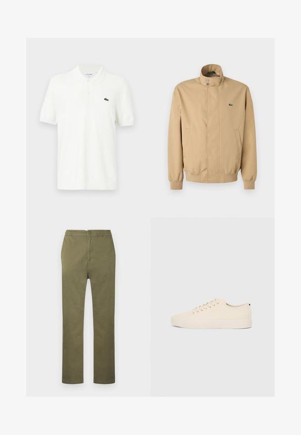Veste beige à col haut, boutons-pression, poches latérales et poignets côtelés. Présente un logo Lacoste vert sur la poitrine. Texture lisse.; Polo-shirt blanc en coton lisse avec un col classique, patte de boutonnage à trois boutons et un petit logo crocodile vert sur la poitrine.; Pantalon en coton léger de couleur vert olive avec une taille élastiquée, une fermeture à boutons, et une coupe droite. Pas de motifs ou accents visibles.; Baskets en toile beige avec bout arrondi, semelle en caoutchouc plate et lacets à l'avant. Présente un design minimaliste et un accent noir contrastant au niveau du talon.