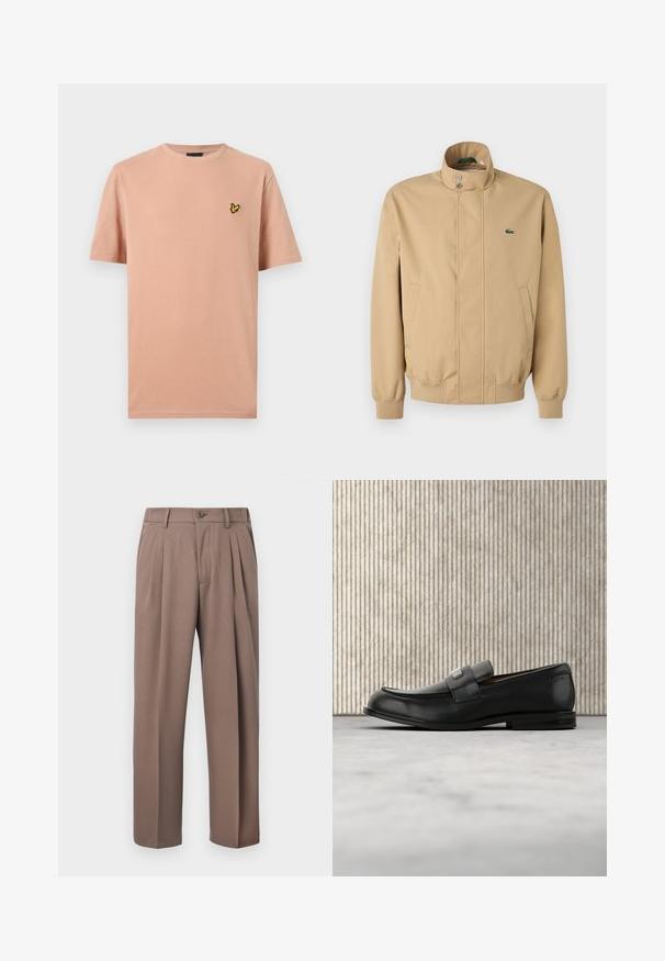 Veste beige à col haut, boutons-pression, poches latérales et poignets côtelés. Présente un logo Lacoste vert sur la poitrine. Texture lisse.; T-shirt à manches courtes et col rond en pêche clair texturé avec un petit logo d'oiseau jaune et noir sur le côté gauche de la poitrine.; Pantalon plissé marron avec passants de ceinture, fermeture à boutons sur le devant et fermeture éclair, présenté sur un fond blanc.; Mocassin en cuir noir avec une plaque de marque en métal reposant près d'une table ronde marron sur un sol recouvert de moquette beige.
