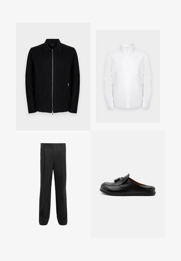 Chaqueta negra para hombre con cremallera, cuello y bolsillos laterales, mostrada sobre un fondo claro y liso.; Camisa blanca de manga larga con botones, cuello puntiagudo y bolsillo en el pecho, presentada sobre un fondo gris claro liso.; Pantalones negros con un diseño de pierna recta, que presentan pliegues, un cierre de un solo botón y trabillas para cinturón. Fabricados con una tela suave.; Mocasín negro de cuero sin talón con borlas en la parte superior, mostrado de lado sobre un fondo claro y liso.