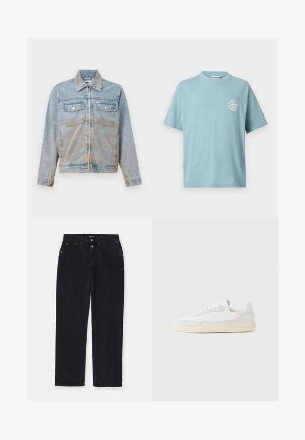 Lys blå denimjakke med lynlås, spids krave, to brystlommer foran og sølvfarvede knapper; let falmet tekstur.; Lyseblå kortærmet t-shirt med rund halsudskæring og lille hvidt logo på venstre bryst, hvor der står "J.Lindeberg" i en cirkel.; Sorte denimbukser med lige snit, fem lomme-design, metalhardware og subtile syninger. Blød tekstur, minimalt design.; Hvid sneakers med en øvre del i tekstureret ruskind og læder. Har rundet tå, snørelukning og kontrasterende beige gummisål.