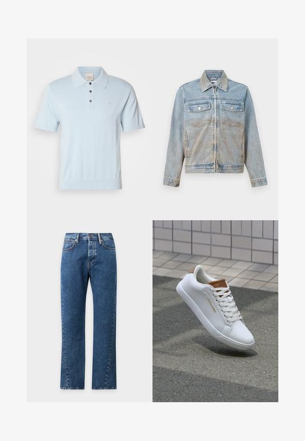 Lys blå denimjakke med lynlås, spids krave, to brystlommer foran og sølvfarvede knapper; let falmet tekstur.; Lyseblå polo-shirt med korte ærmer, krave, tre-knaps placket og et diskret logo på brystet. Blødt strikket materiale.; Blå straight-leg cowboybukser med forlommer, knaplukning og synlige syninger på en ensfarvet lys baggrund.; Hvide lædersneakers med en glat overflade, tan-akcent på hælen, gyldent logo på siden og en gummisål med tekstureret greb.