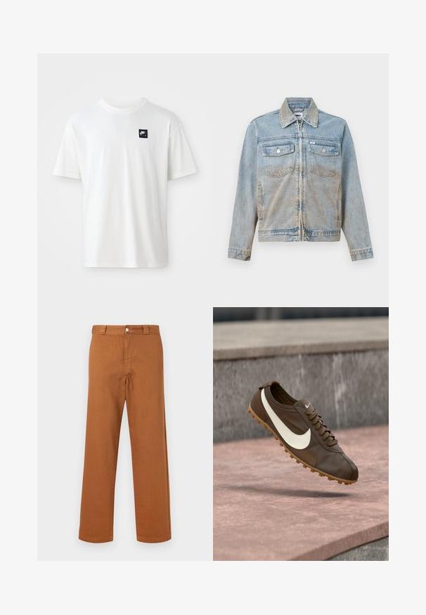Hellblaue Jeansjacke mit Reißverschluss, spitzem Kragen, zwei Brusttaschen vorne und silberfarbenen Knöpfen; leicht verwaschene Textur.; Weißes Baumwoll-T-Shirt mit kurzen Ärmeln und Rundhalsausschnitt; zeigt ein kleines schwarzes rechteckiges Nike Air-Logo auf der linken Brust.; Freizeithose mit geradem Bein in Braun mit Gürtelschlaufen und Knopfverschluss, auf einfachem hellem Hintergrund dargestellt.; Brauner Nike Laufschuh mit weißem Swoosh-Logo und Gummisohle, der über einer rosa Steinoberfläche mit grauem Stein-Hintergrund schwebt.