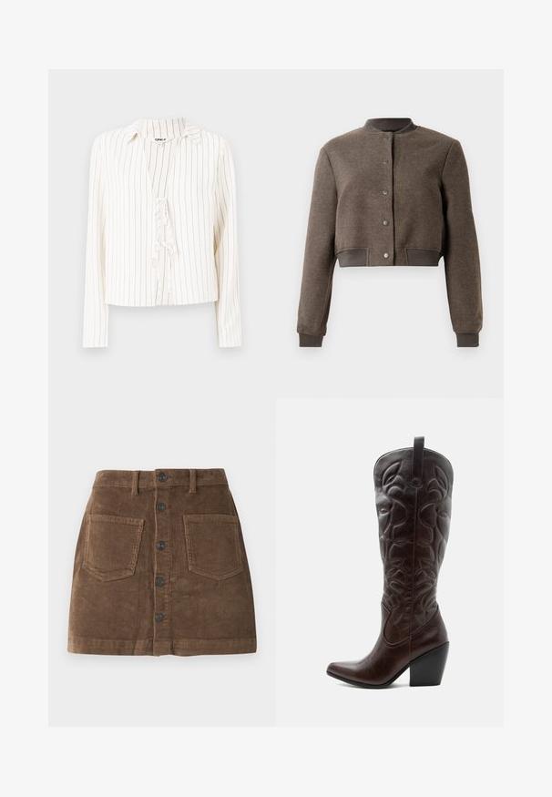 Veste bomber courte marron avec fermeture à boutons-pressions devant, col, poignets et ceinture côtelés, présentée sur fond blanc.; Chemise blanche à manches longues avec des rayures verticales noires, col classique et détail de cravate sur le devant. Tissu doux avec coupe décontractée.; Jupe en velours côtelé marron avec une taille cintrée, présentant une fermeture à boutons sur le devant, deux poches avant et un tissu texturé à côtes.; Botte de cowboy haute en cuir marron foncé avec motifs décoratifs cousus, bout pointu et talon bloc empilé.