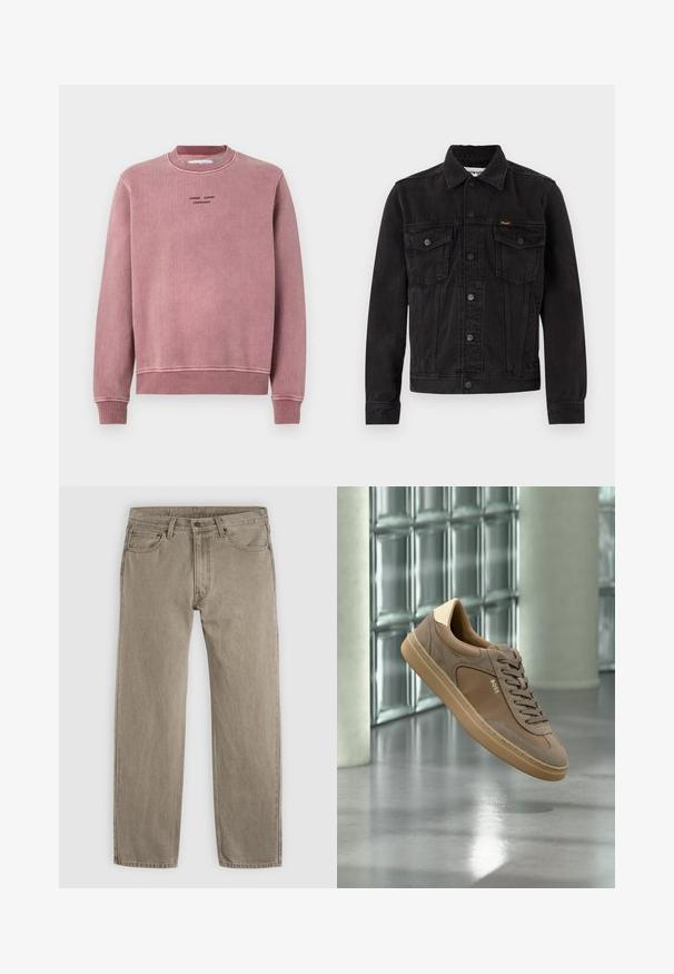 Veste en denim noire avec fermeture à boutons, deux poches poitrine à rabat, col et logo Wrangler sur la poche poitrine gauche.; Sweat-shirt rose pâle en tissu texturé, avec des poignets et un col côtelés, et des détails de logo brodés en noir sur le devant.; Jean beige à jambes droites avec poches avant, passants de ceinture et fermeture par bouton, présenté sur un fond gris.; Baskets décontractées beiges avec lacets et logo « BOSS », flottant au-dessus d’un sol en béton poli avec un mur en blocs de verre en arrière-plan.