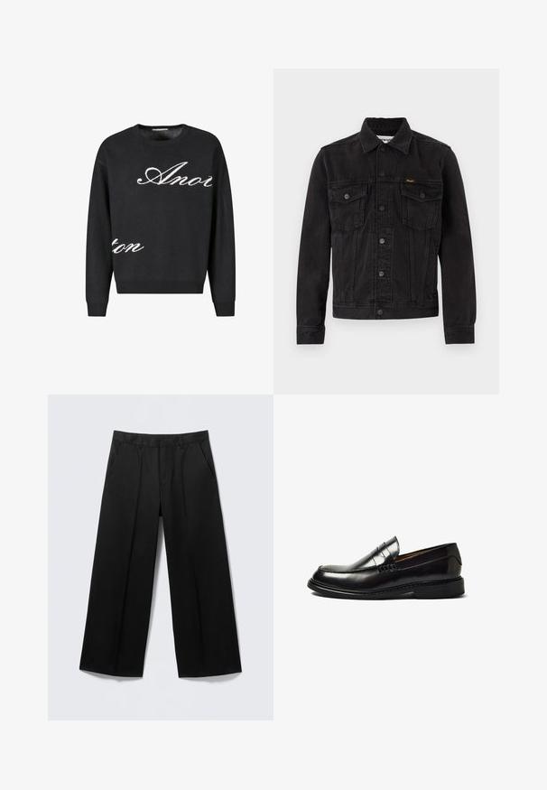 Chaqueta vaquera negra con botones delanteros, dos bolsillos de solapa en el pecho, cuello y logotipo de Wrangler en el bolsillo izquierdo del pecho.; Suéter negro de punto con cuello redondo, con el texto en cursiva blanca "Anon" en la parte frontal. Puños y dobladillo acanalados.; Pantalones negros de pierna ancha con trabillas para cinturón, bolsillos delanteros y cierre de cremallera, exhibidos sobre un fondo gris claro.; Zapato mocasín de cuero negro tipo penny loafer con tacón bajo, punta redondeada y detalles cosidos a lo largo de la parte superior y la suela.