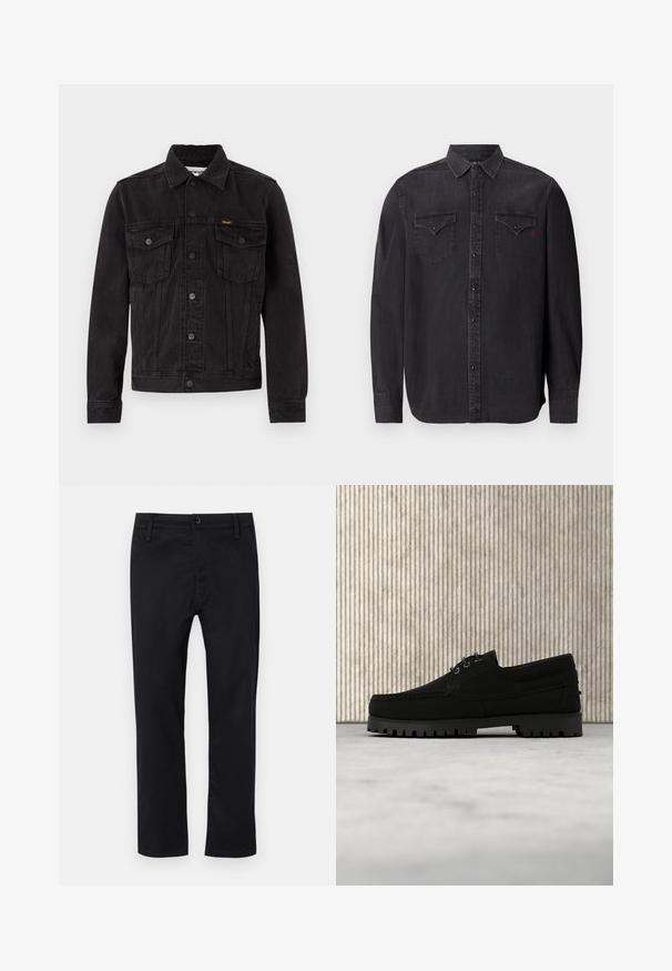 Zwarte spijkerjack met knoopsluiting aan de voorkant, twee borstzakken met klep, kraag en Wrangler-logo op de linkerborstzak.; Zwart denim overhemd met lange mouwen, een klassieke kraag, drukknoopsluitingen, twee borstzakken en een subtiel rood logo-detail.; Zwarte broek van gladde stof, met een rechte voorkant, standaard taille met riemlussen en rechte pijpen. Klassiek ontwerp zonder patronen.; Zwarte veterlaars met dikke geribbelde zool zwevend boven beige tapijt, bruine moderne ronde tafel in zacht verlichte kamer op de achtergrond.