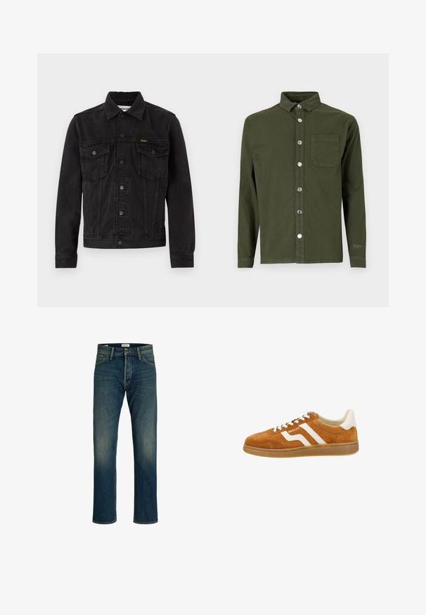 Chaqueta vaquera negra con botones delanteros, dos bolsillos de solapa en el pecho, cuello y logotipo de Wrangler en el bolsillo izquierdo del pecho.; Denim Project DPMDPSTITCH DETAIL DENIM SHIRT - Camisa - duffel bag green; Vaqueros de denim con un lavado azul medio, corte recto, diseño clásico de cinco bolsillos y un ligero desgaste en los muslos para mayor textura.; Zapatilla de ante marrón con acentos en cuero blanco, que presenta un perfil bajo, punta redonda y franjas en contraste en el lateral. Diseño con cordones.
