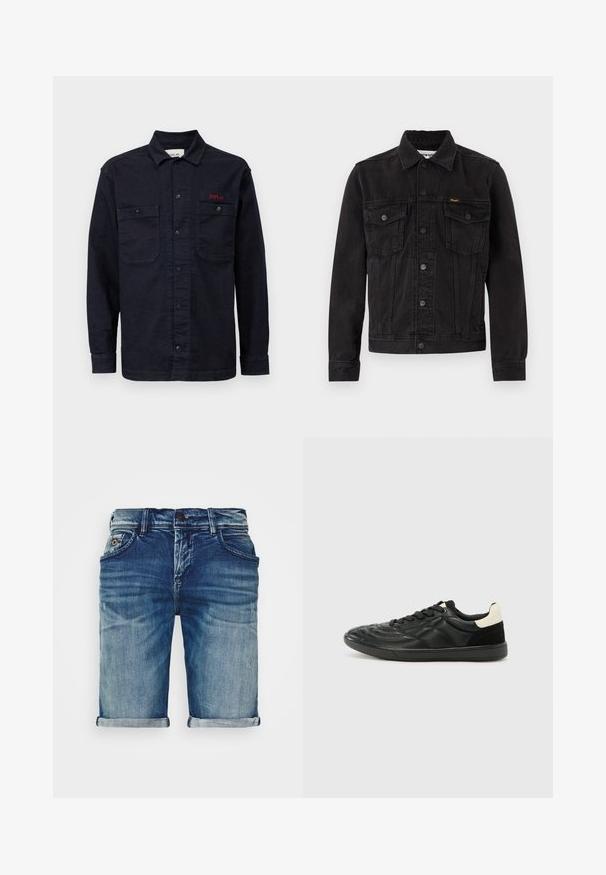 Sort denimjakke med knaplukning foran, to brystlommer med klap, krave og Wrangler-logo på venstre brystlomme.; Mørkeblå denimskjorte med lange ærmer, knaplukning foran, to brystlommer og et lille rødt "REPLAY" logo på den venstre lomme.; Denimshorts i mellemblå med en let slidt finish. Har smalle opsmæk, fem-lommer design og en metalknap lukning.; ALDO THEPITCH - Sneakers - black