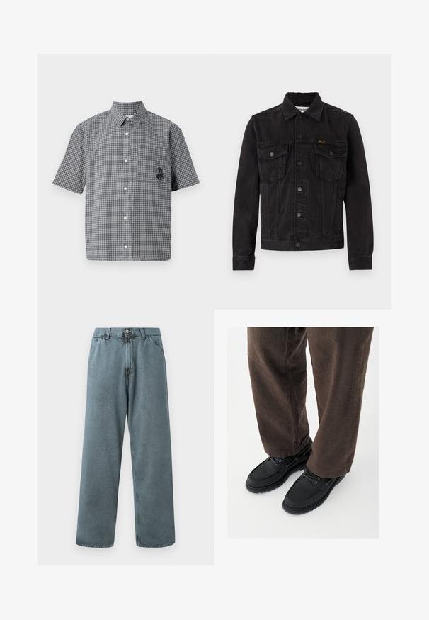 Zwarte spijkerjack met knoopsluiting aan de voorkant, twee borstzakken met klep, kraag en Wrangler-logo op de linkerborstzak.; Korte mouwen knoopsluiting overhemd in zwart-wit ruitpatroon, met een borstzak en geborduurd zeepaardje detail. Katoenen materiaal.; Lichtblauwe spijkerbroek met een rechte pasvorm, voorzien van een klassieke knoopsluiting en vijf zakken. Zachte textuur en minimale stikseldetails.; Zwarte leren schoenen met een gladde afwerking, ronde neus en vetersluiting, gecombineerd met textuurrijke bruine broek. Vanuit een laag perspectief gezien.