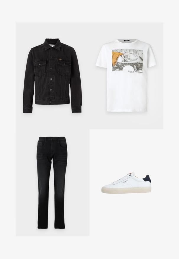 Schwarze Denimjacke mit Knopfleiste vorne, zwei Brustklappentaschen, Kragen und Wrangler-Logo auf der linken Brusttasche.; Weißes T-Shirt mit kurzen Ärmeln, bedruckt mit einem schwarz-weißen Motorradmotiv, einem orangefarbenen Leopardenmuster-Stoff und dem Schriftzug "Replay Custom Garage" auf der Vorderseite.; Schwarze Jeans aus Denim mit geradem Schnitt, Fronttaschen und einem einzelnen Knopfverschluss. Verfügt über subtile Verblassungen und Näh-Details.; Weißer Sneaker in niedriger Schnittform mit beiger Sohle, weißen Schnürsenkeln, schwarzem Fersenlasche und dem "Pepe Jeans London"-Logo an der Seite.