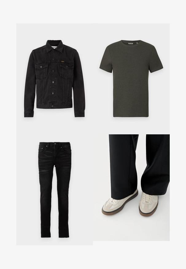 Sort denimjakke med knaplukning foran, to brystlommer med klap, krave og Wrangler-logo på venstre brystlomme.; Mørkegrøn kortærmet t-shirt med rund halsudskæring, lavet af ribbet materiale; har et enkelt, minimalistisk design uden mønstre.; Sorte skinny jeans med en glat denimoverflade, traditionelt fem-lommer design, lynlåsfront og subtile falmede detaljer på stoffet.; Fødder iført beige sneakers med brune såler og sorte bukser med vide ben på hvid baggrund.