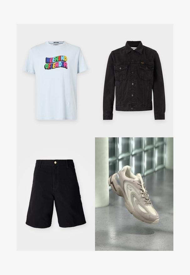 Musta farkkutakki napillinen edestä, kaksi rintataskua, kaulus ja Wrangler-logo vasemmassa rintataskussa.; Valkoinen puuvillapaita, jossa on monivärinen "WEEKEND OFFENDER" -grafiikka painettuna rinnan yli rohkeilla ja leikkisillä fontilla.; Mustat denimpö shortsit napin kiinnityksellä, suoran leikkauksen, sivutaskujen ja kestävyysvahvistetun ompeleen kanssa.; Vaaleanbeige lenkkari, jossa on tyylikäs muotoilu teksturoituine päällysteineen, pehmustettu pohja ja läpikuultava sivuosa.