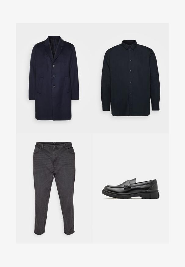 Marineblå uldfrakke med en reverskrave, seks knapper, to sidelommer og en let oversized silhuet. Glat tekstur, minimalistisk design.; Sort skjorte med knapper lavet af bomuld, med en klassisk krave, lange ærmer og syv frontknapper. Glat tekstur, uden bemærkelsesværdige mønstre.; Sorte denim jeans med lige ben, der har en knaplukning, sidelommer og subtile falmninger, hvilket giver et klassisk udseende.; Sort læder loafersko med en bred rem over forfoden, gummisål med tykke mønstre og glat overflade. Klassisk, slankt design.
