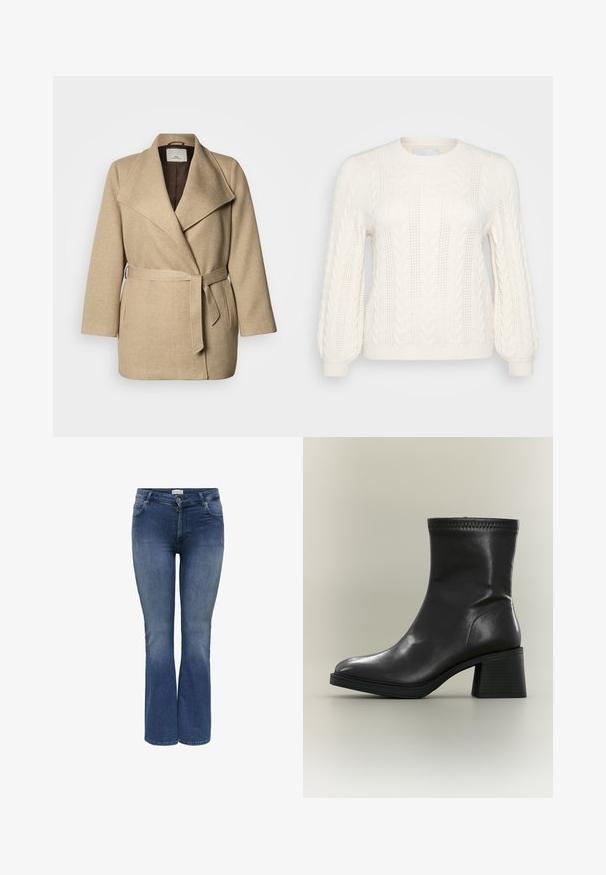 Beige omslagsfrakke lavet af tekstureret stof med bred krave, taljebælte og forlommer. Indvendig foret med brunt materiale.; Hvid kabelstrikket sweater med lange ærmer, rundt halsudskæring, struktureret mønster og ribbede manchetter. Letvægtsmateriale med dekorative detaljer.; Denim flared jeans i mellemblå med en glat tekstur, der har forlommer og en lynlåslukning. Diskret slidte detaljer.; Sort læderstøvle midt på læggen med blokhæl og rund tå, vist fra siden på en neutral baggrund.