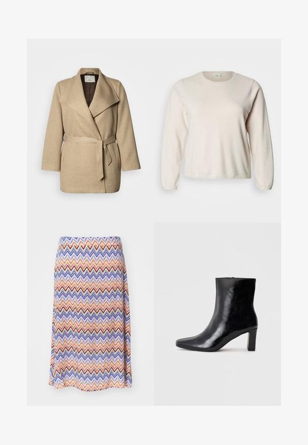 Beige omslagsfrakke lavet af tekstureret stof med bred krave, taljebælte og forlommer. Indvendig foret med brunt materiale.; Lysebeige langærmet sweater lavet af blødt stof. Rund hals med ribkant ved kant og ærmer. Glat tekstur, minimal detaljering.; Multifarvet zigzag mønster nederdel. Lavet af letvægtsstof, med en flared silhuet og en taljeelastik. Overvejende orange, blå og rød.; Sorte ankelstøvler lavet af blank læder, med spidse tæer og en mellemstor blokhæl, med en glat tekstur og et enkelt design.