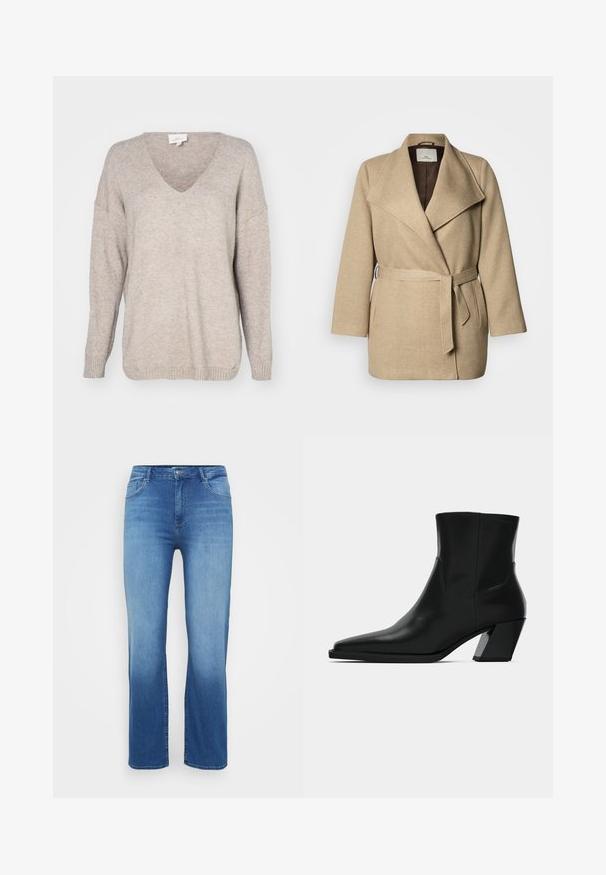Beige omslagsfrakke lavet af tekstureret stof med bred krave, taljebælte og forlommer. Indvendig foret med brunt materiale.; Beige v-hals sweater lavet af blødt strikket materiale, med en afslappet pasform, faldende skuldre og ribbede manchetter og kant.; Lysblå denimjeans med lige snit, fem-lomme design og en slidt effekt ved kanten. Knaplukning i taljen.; Sortlæder ankelstøvle med spids tå, en slank silhuet og en kraftig firkantet hæl. Glat tekstur med minimale stikninger.