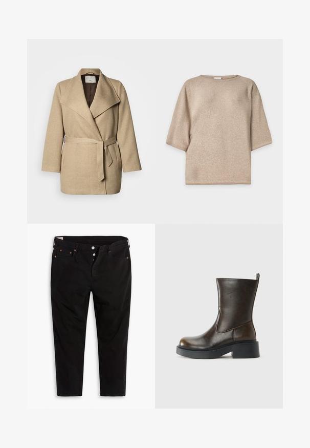 Beige wikkeljas gemaakt van gestructureerde stof, met een brede kraag, een taille met ceintuur en voorkanten met zakken. Binnenkant gevoerd met bruin.; Beige gebreide trui met korte mouwen, ronde hals en een losse pasvorm, weergegeven op een effen witte achtergrond.; Zwarte spijkerbroek met een rechte pasvorm. Voorzien van vijf zakken, metalen knoopsluitingen en oranje stiksels. Gemaakt van katoen.; Donkere bruin leren laars tot halverwege de kuit met een ronde neus, dikke zwarte zool, lage blokhak en een trekband aan de achterkant.